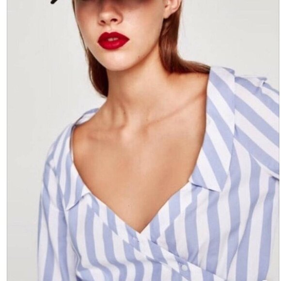 Zara Striped Wrap Blouse with Belt in Blue and White Size XS NEW WITHOUT TAG! - Picture 2 of 7